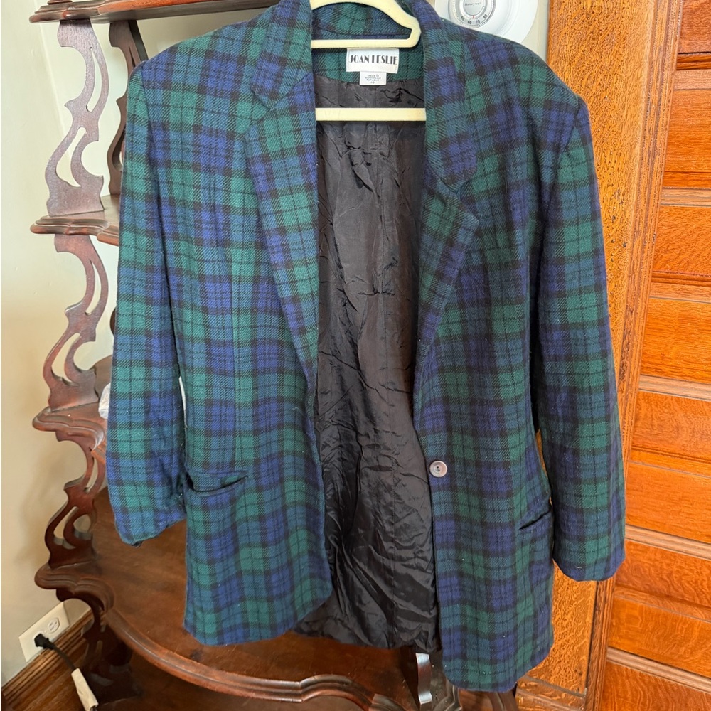 Vintage Joan Leslie Blue Green Plaid Wool 90s women’s Blazer